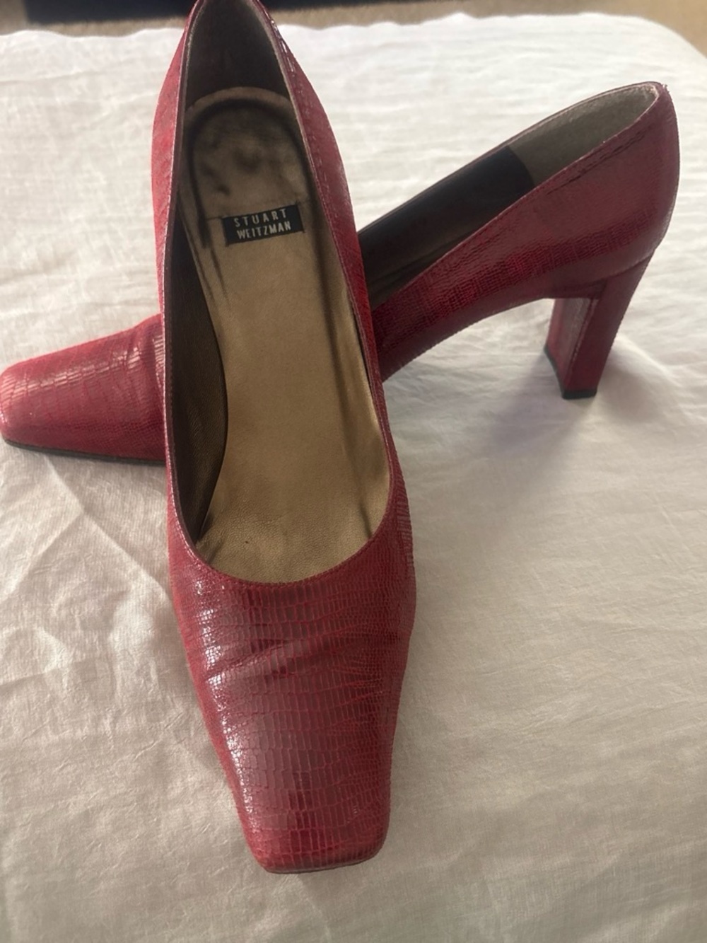 Stuart Weitzman Red Lizard-Embossed Square-Toe Block Heel Pumps